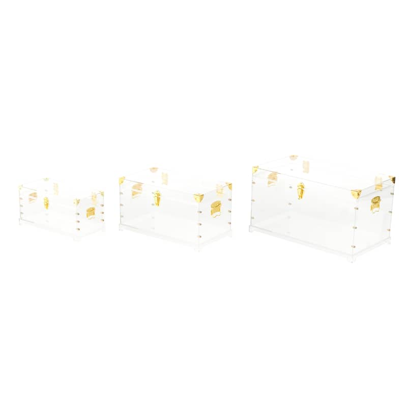 Acrylic Plastic Storage Trunk with Gold Metal Hardware and Studded Details - Set of 3 Clear - Roche River Decor