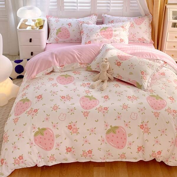 slide 2 of 6, 3 Piece Twin Size Strawberry Print Duvet Cover Set for Home Bedroom Decor Twin