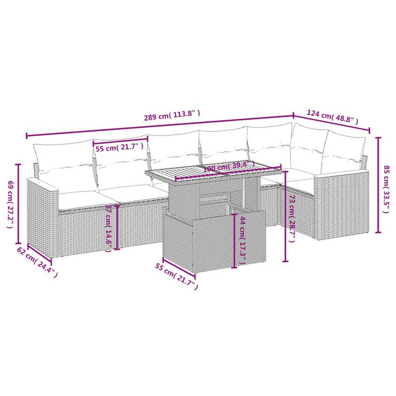 vidaXL Patio Sofa Set with Cushions Outdoor Furniture 7 Piece Poly Rattan - 24.4 x 24.4 x 27.2