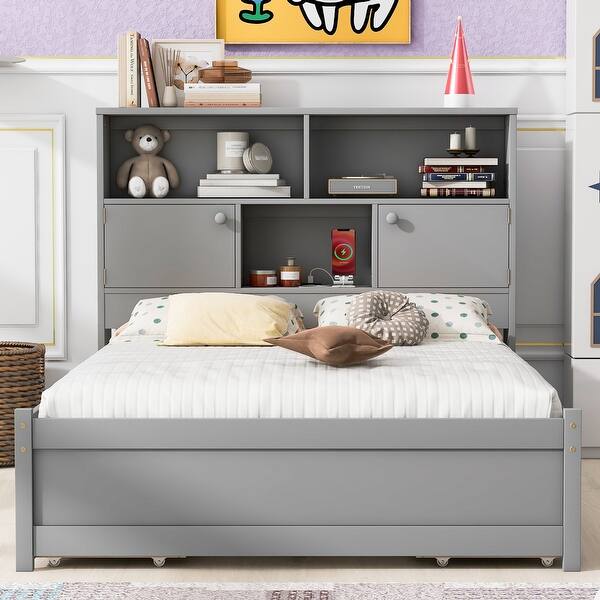 slide 2 of 15, Storage Bed Platform Bed Frame with Built-in Shelves and Charging Station, Storage Headboard Wood Slat Support - Grey Grey - Full
