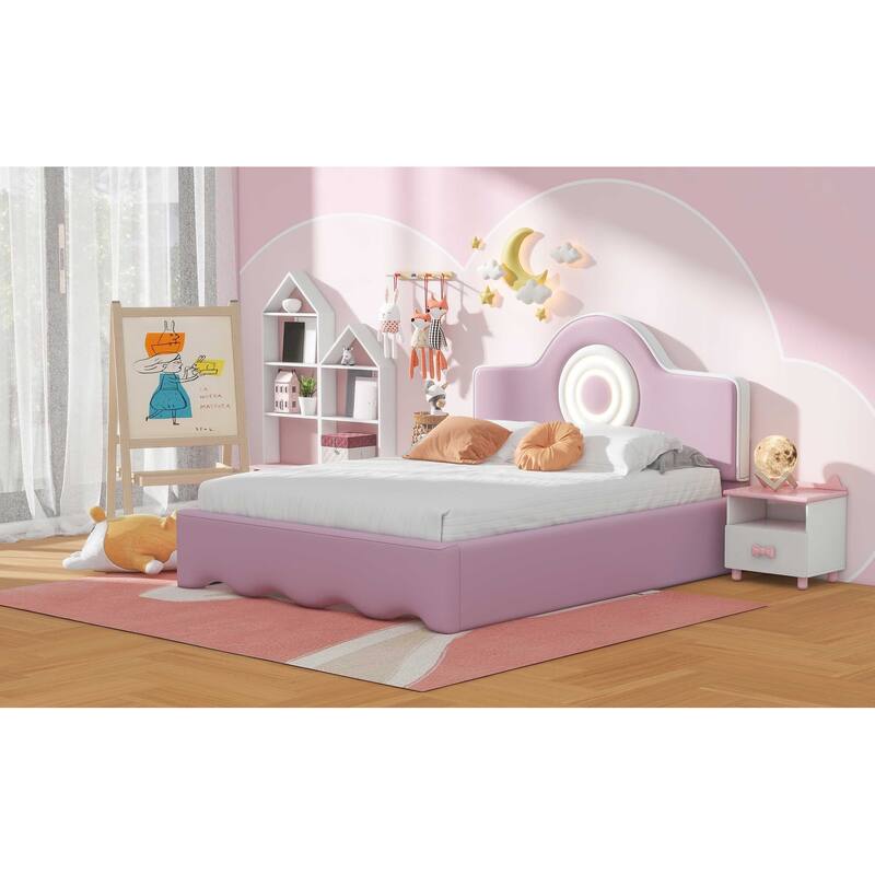 Full /Twin Size Upholstered Platform Bed with round LED Headboard,wavy design