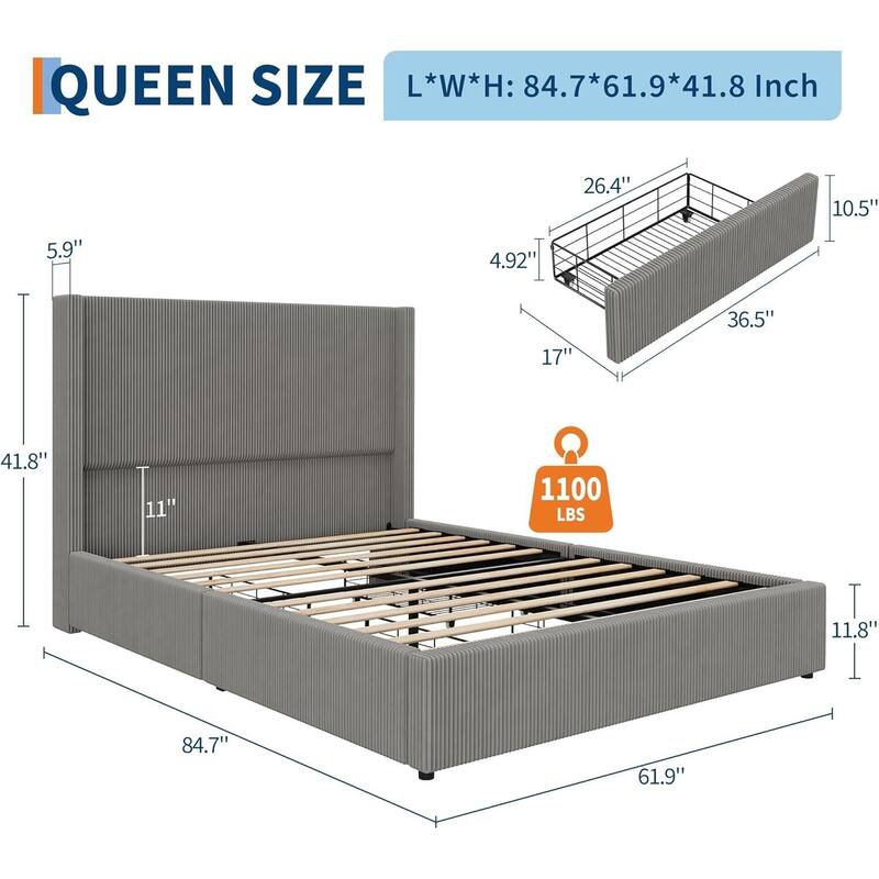 Bed Frame, with 4 Storage Drawer and Headboard