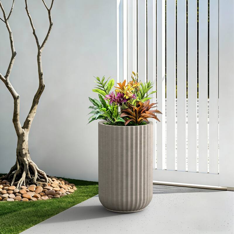 Concrete Tall Round Ribbed Design Planter with Drainage Hole