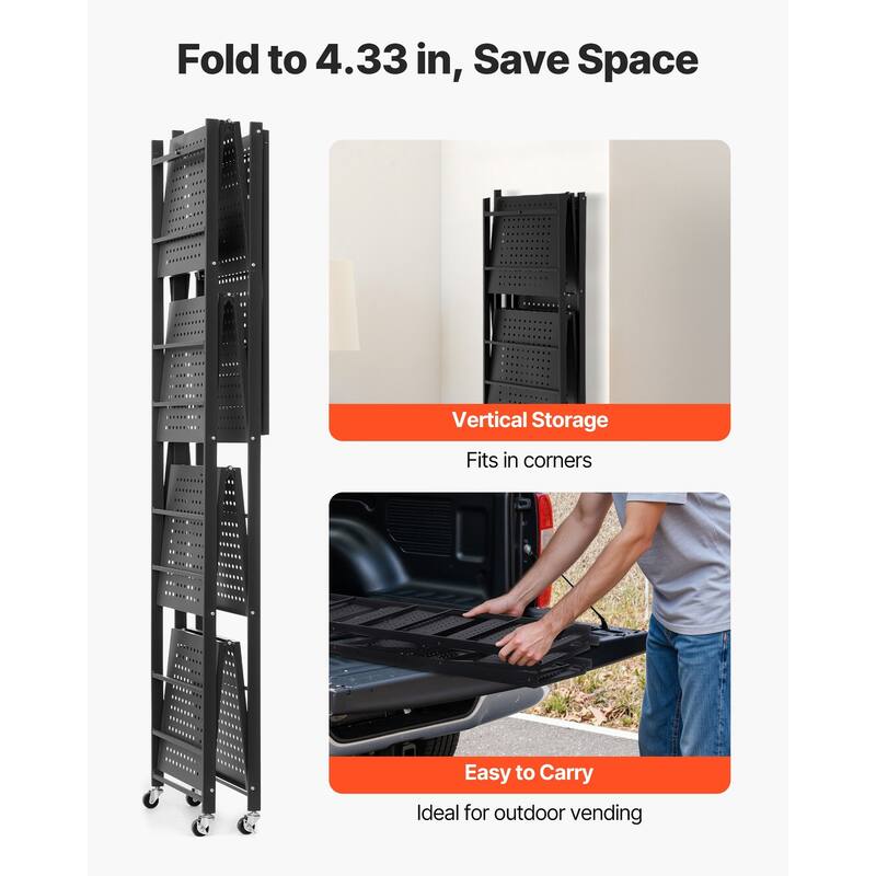 Black Carbon Steel 5 Tier Folding Storage Shelf with Wheels and 750 lbs Load - 15 x 28 x 64 in