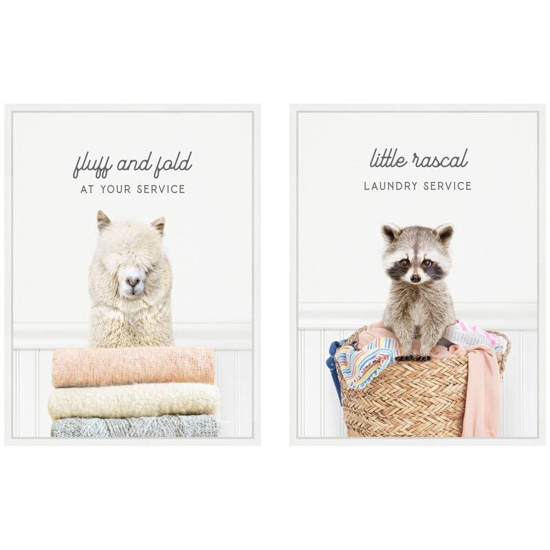 Kate and Laurel Sylvie Animal Fluff Fold and Racoon Little Rascal Laundry Framed Canvas Art Set by Amy Peterson
