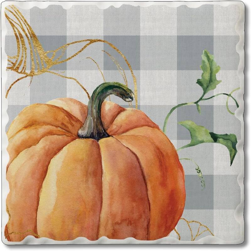 Gray Plaid Pumpkin 4 Pack Single Absorbent Stone Coaster with Protective Cork Backing Made in The USA 4" Square, Wipes Clean - Multi