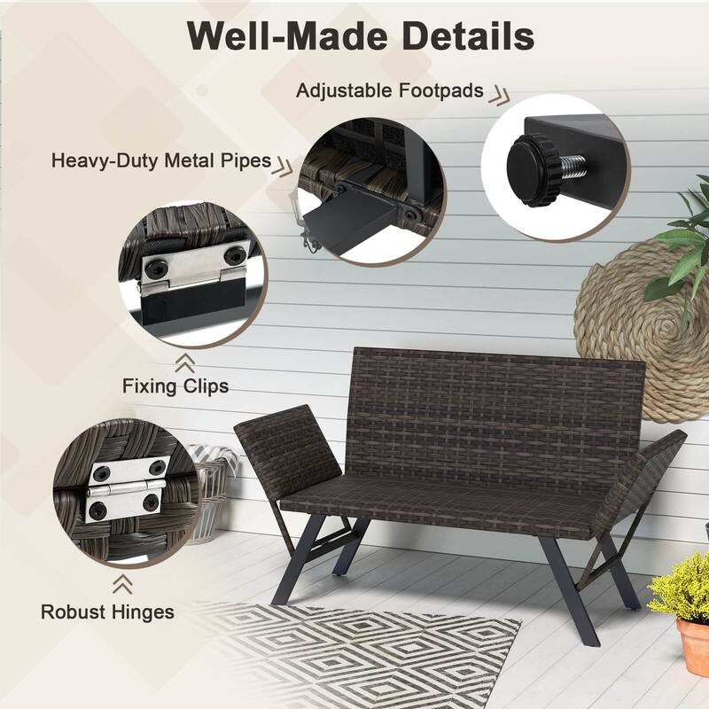 Outdoor Metal Frame Wicker Couch Patio Convertible Sofa for 2