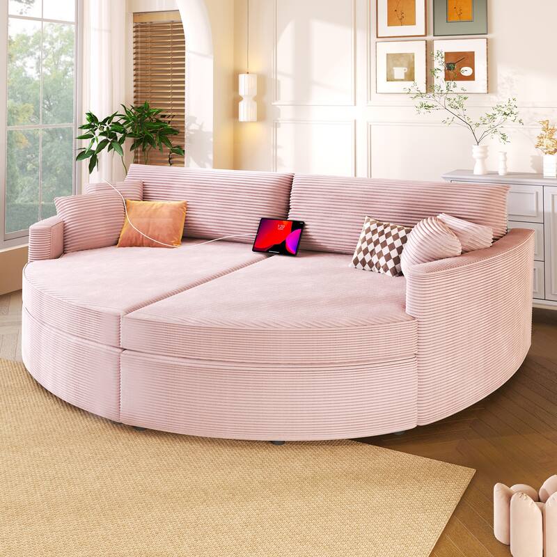 102.3" Oversized Double Chaise Lounge Sofa, Corduroy Upholstered Sleeper Sofa Bed 2 Seat Sofa Loveseat with USB Ports