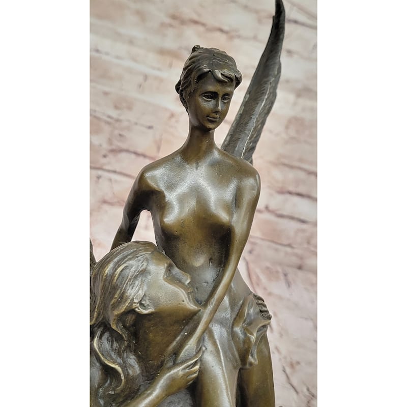 Romantic Bronze Angel Sculpture – Embrace Of Two Winged Figures On Marble Base