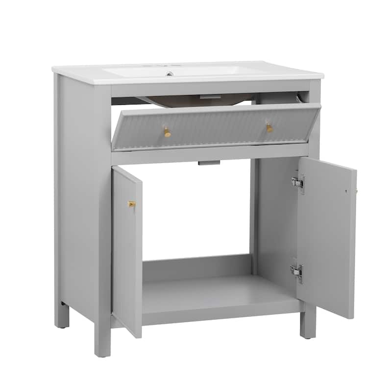 Freestanding Vertical Stripe Groove Storage Cabinet Grey Bathroom Vanity with Tip-out Drawer and Gold Metal Knobs