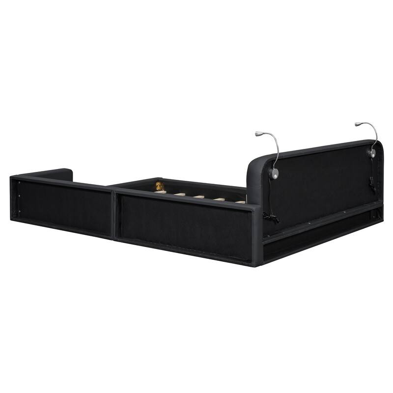 Queen Size Upholstered Platform Bed Frame with 2 Reading Lights, PU Floor Bed with Button Tufted Headbord