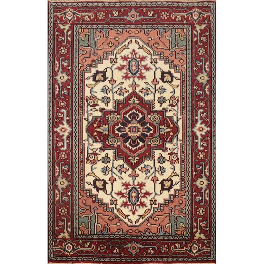 Hand Knotted Oriental 100% Wool Carpet Traditional Medallion Beige & Ivories Heriz (serapi) Area Rug - 5' 9'' X 4' 0''