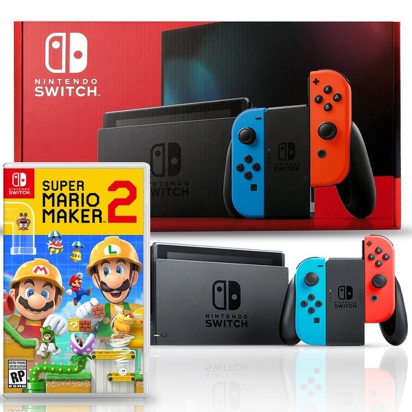 Shop Nintendo Switch with Neon Blue and Red Joy-Con Bundle with Super Mario Maker 2 - Black ...