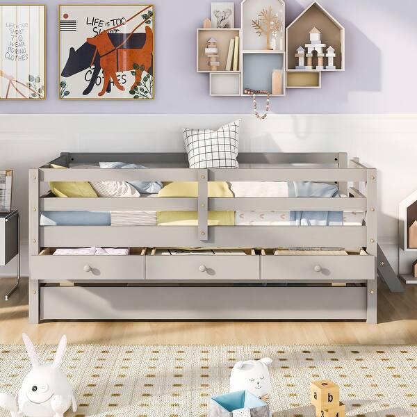 slide 2 of 16, Functional Design Low Loft Bed with Safety Fence, Climbing ladder, Storage Drawers and Trundle Bed, Grey Grey