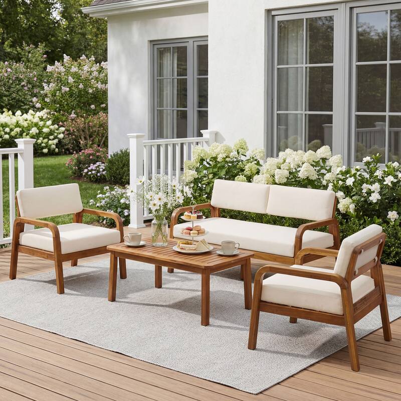 Christopher Knight Home - Solid Acacia Wood Outdoor Patio 4-Piece Sofa Set with Cushions - Cream,Teak