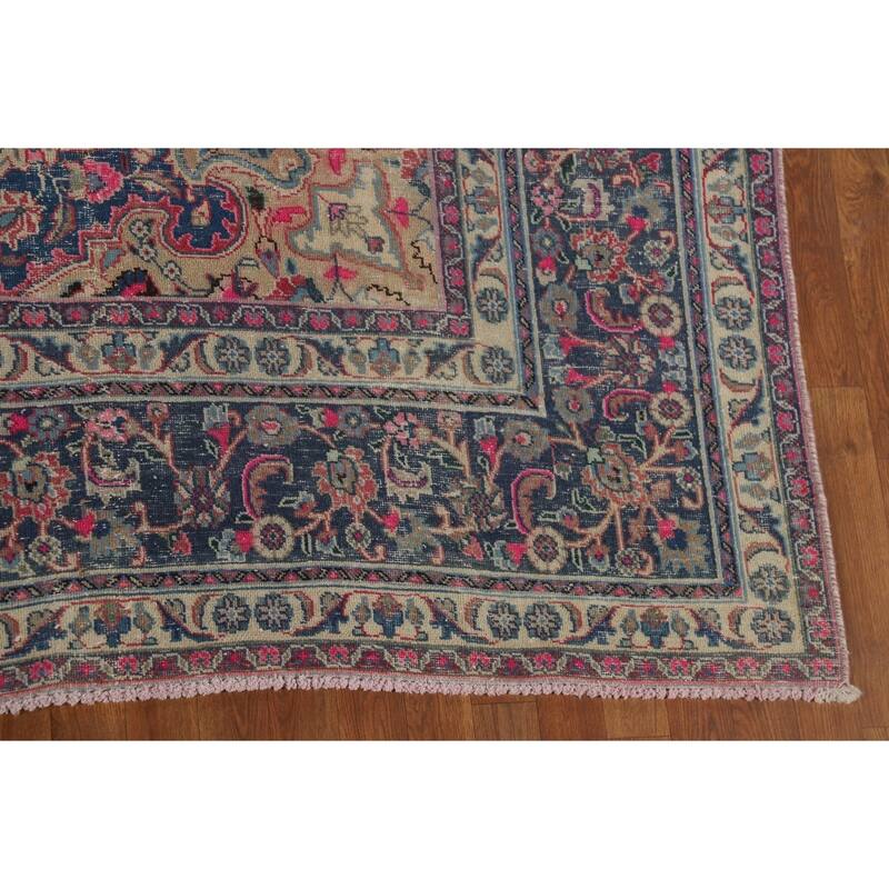 Distressed Mashad Persian Antique Area Rug Hand-Knotted Wool Carpet - 9'5" x 12'5"
