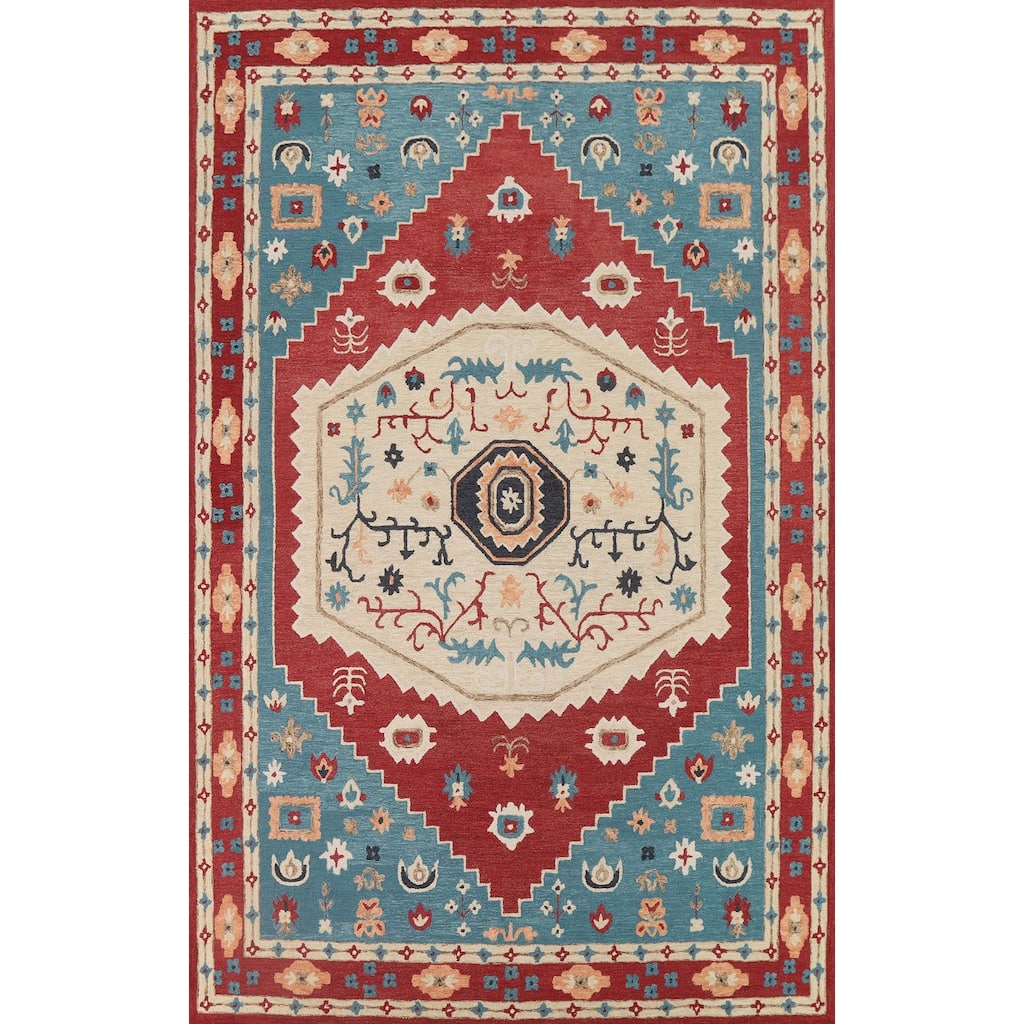 Beige Hand-Tufted Heriz Rug Traditional Indian Wool Carpet