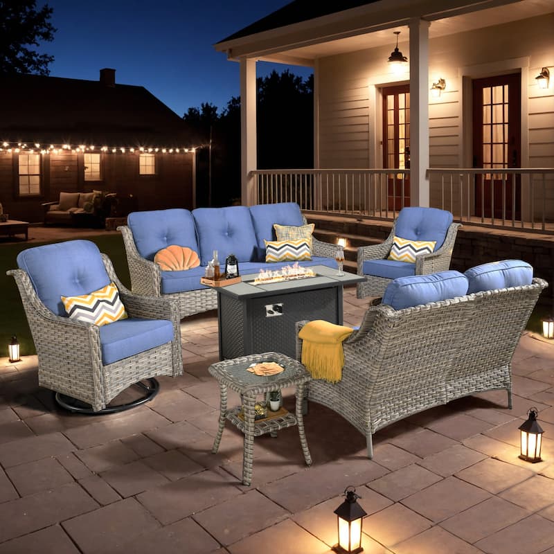 XIZZI Outdoor Wicker Patio Furniture Conversation Set with Fire Table - 6-piece - Diamond Blue