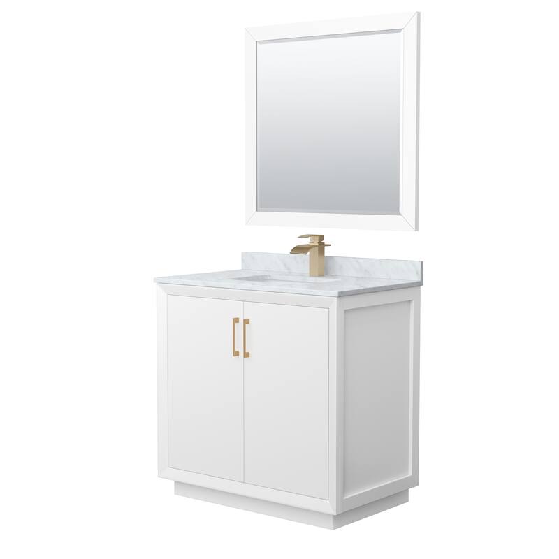 Strada 36-Inch Single Vanity Set, Carrara Marble Top, 34-Inch Mirror - White, Bronze Trim, Carrara Marble Top