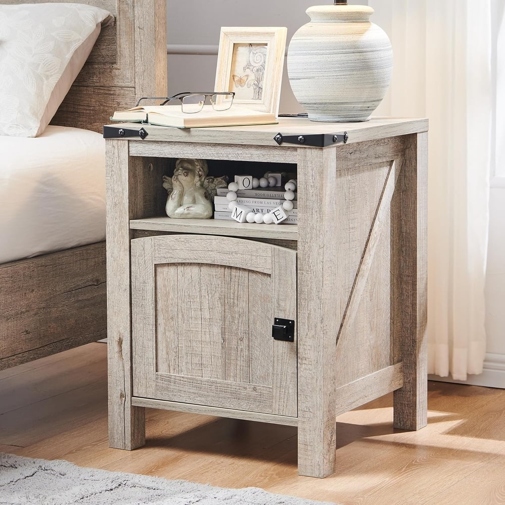 Farmhouse Nightstand with Charging Station, Wood End Table, Side Table