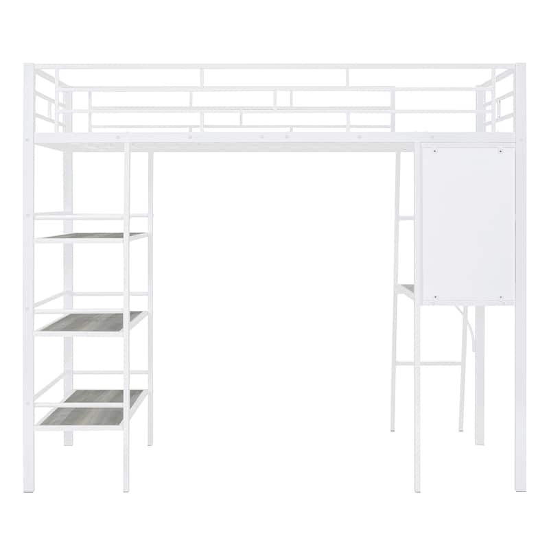 Metal High Loft Bed Frame with 3 Layers of Shelves and Desk, Kids Loft Bed Whiteboard, for Kids Bedroom