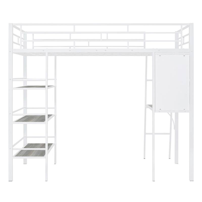 Stylish Twin Size Loft Metal Bed with Shelves, Desk, and Whiteboard - Space-Saving Metal Frame Bed for Work and Play