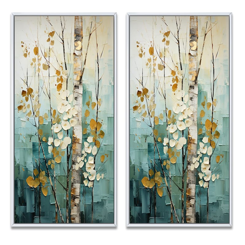 Designart "Birch Woods Whispering Winds IV" Tree Birch Framed Wall Art Set Of 2 - Blue Canvas Set For Living Room Decor