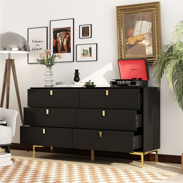 55.1"W 6-Drawer Double Dresser Black Gold Storage Cabinet Chest - On Sale -  Bed Bath & Beyond - 36937408