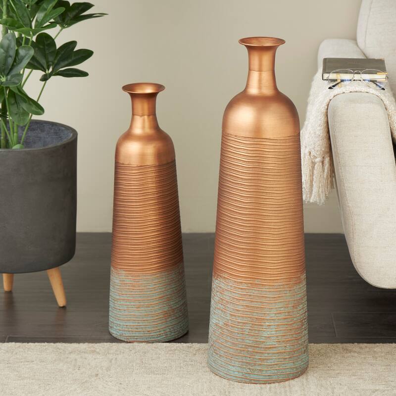 Metal Ribbed Textured Vase with Distressed Teal Accents - Set of 2 Copper - Roche River Decor - 9"W x 9"L x 29"H