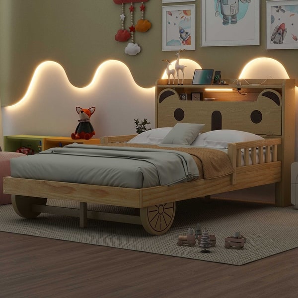 slide 2 of 14, Full Size Car Bed with Bear Headboard, USB, LED, and Hidden Storage, Natural Natural