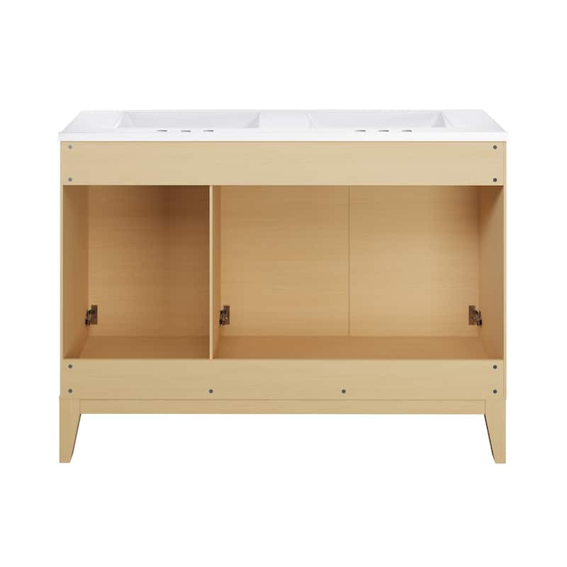 Cascade 48 In. Natural Oak, Double Basin Bathroom Vanity With White, 3-Hole Ceramic Sink Top