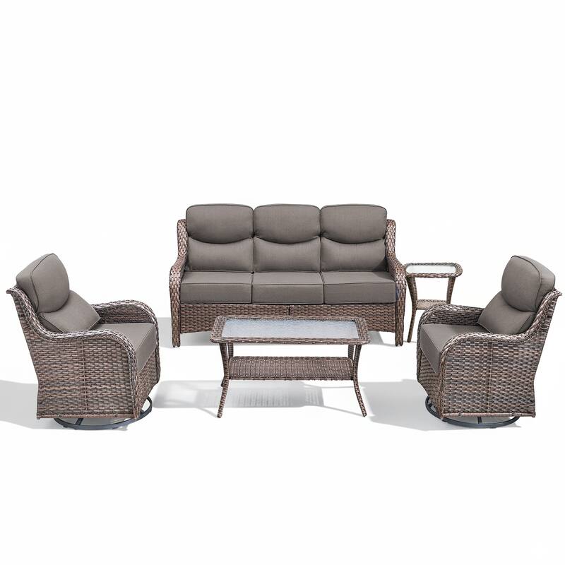 Meyreso 7-Piece Wicker Patio Conversation Set with Swivel Gliders and 6-Inch Thick Cushions