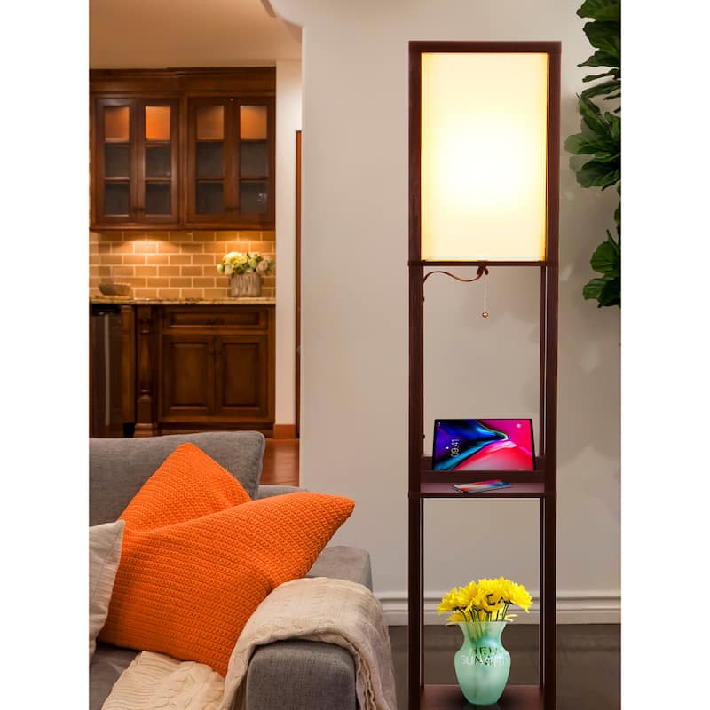 Brightech Maxwell 63 in. Havana Brown Modern USB and Wireless Charging LED Floor Lamp with White Fabric Square Shade