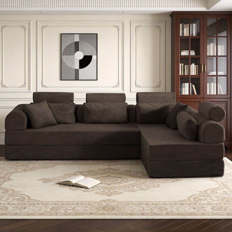 106.3" L-Shaped Corduroy Sectional Sofa with Pillows, No Assembly Required
