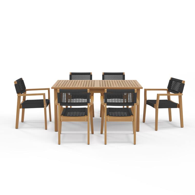 Outdoor Wooden Dining Table with 6 Woven - Seat Chairs Set