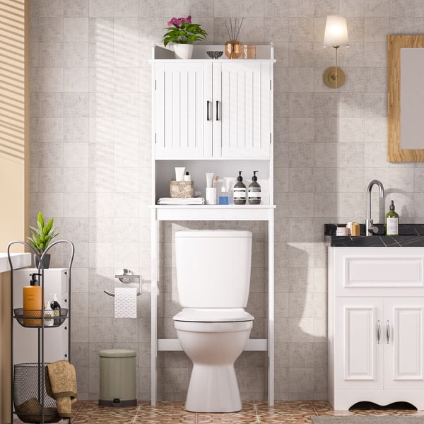 slide 2 of 9, VEIKOUS Bathroom Over The Toilet Storage Cabinet Organizer With Doors and Shelves White