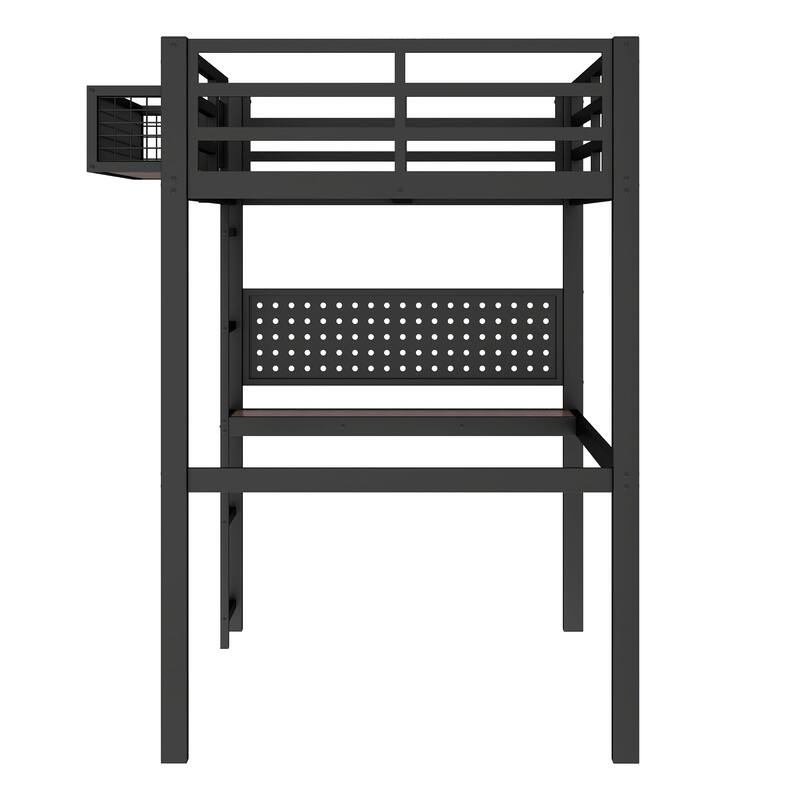 Metal Loft Bed with Desk & Storage Basket, Includes Alarm Clock & Charging Port, Queen/Full/Twin XL