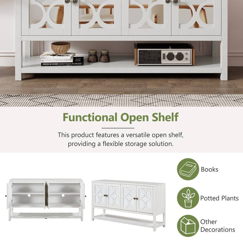 Antique White Sideboard Storage Cabinet with Mirrored Doors & Open Storage Shelf, Console Table Display Case for Living Room