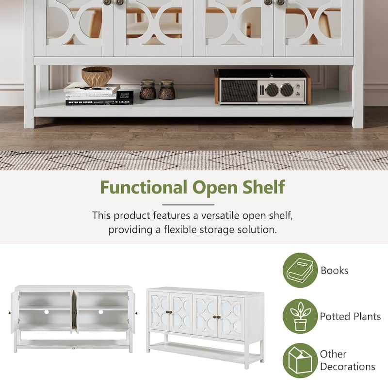 Sideboard Cabinet with Mirrored Doors, Accent Cabinets with Open Shelves, Storage Cabinet with Acacia Wood Legs