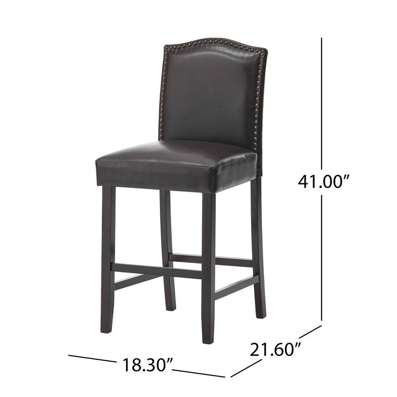 Counter Height Chair Set of 2, Nailhead Trim, Brown and Walnut Faux Leather