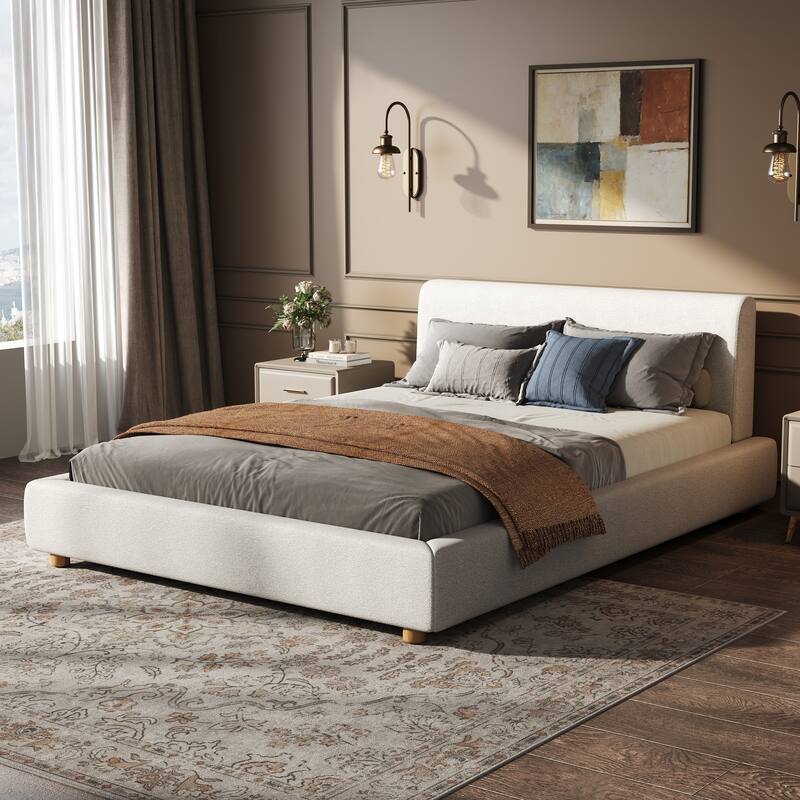 Christopher Knight Home - Jaro Modern Boucle Upholstered Platform Bed Frame with Wooden Slats Support, No Box Spring Needed - White - Queen