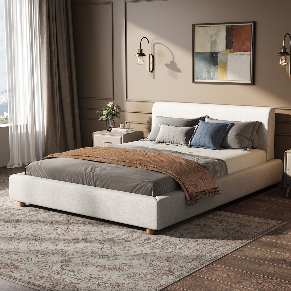 Christopher Knight Home - Jaro Modern Boucle Upholstered Platform Bed Frame with Wooden Slats Support, No Box Spring Needed