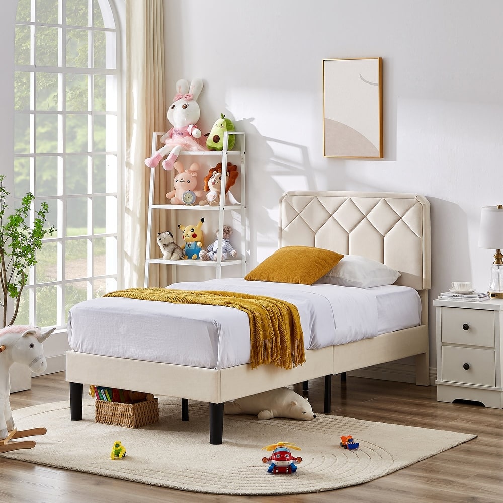 VECELO Adjustable Height Velvet Upholstered Bed Diamond Tufted Headboard with 7.8" Underbed Storage No Box Spring Needed