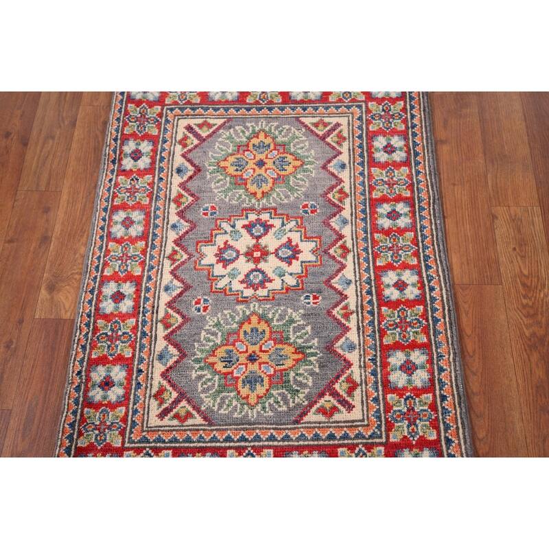 Geometric Kazak Accent Rug Handmade Grey Wool Carpet - 2'1" x 2'11"