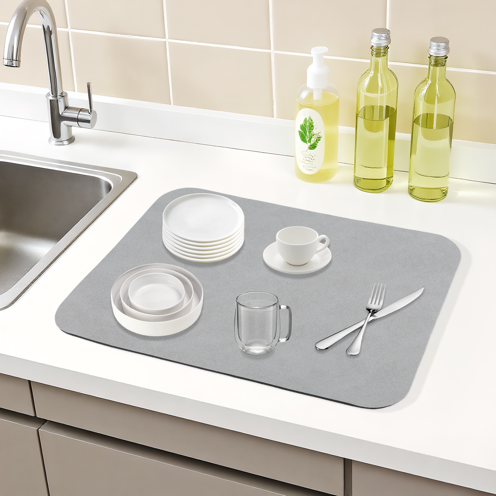 Large Diatomaceous Stone Dish Drying Mat, Quick Dry Kitchen Drying Mat for Countertop Dishes, and Utensils