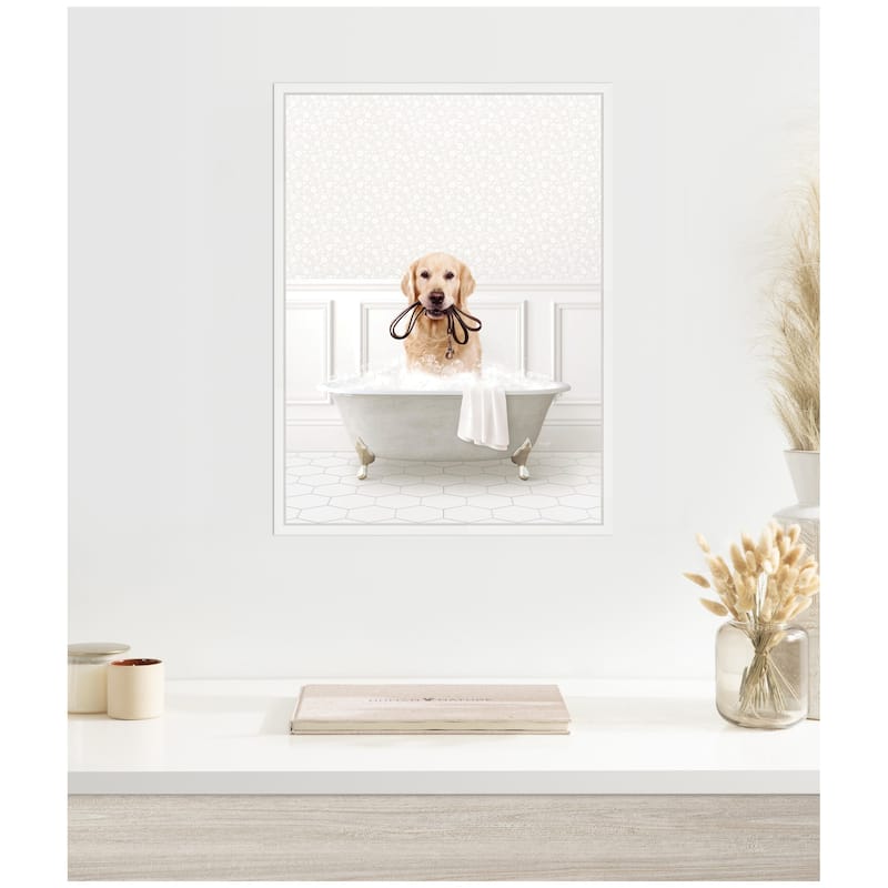 Kate and Laurel Sylvie Golden Retriever in White Bath Framed Canvas by Amy Peterson
