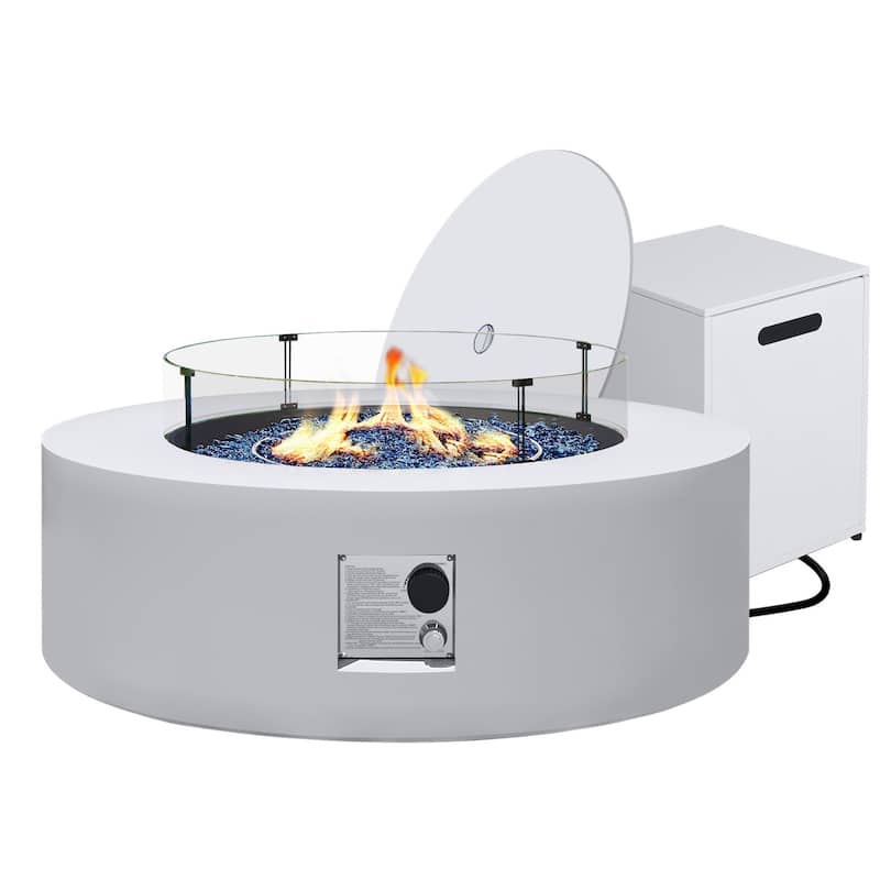 Patio Watcher Outdoor 42in. Iron Fire Pit Table with Propane Tank Cover and Glass Wind Guard