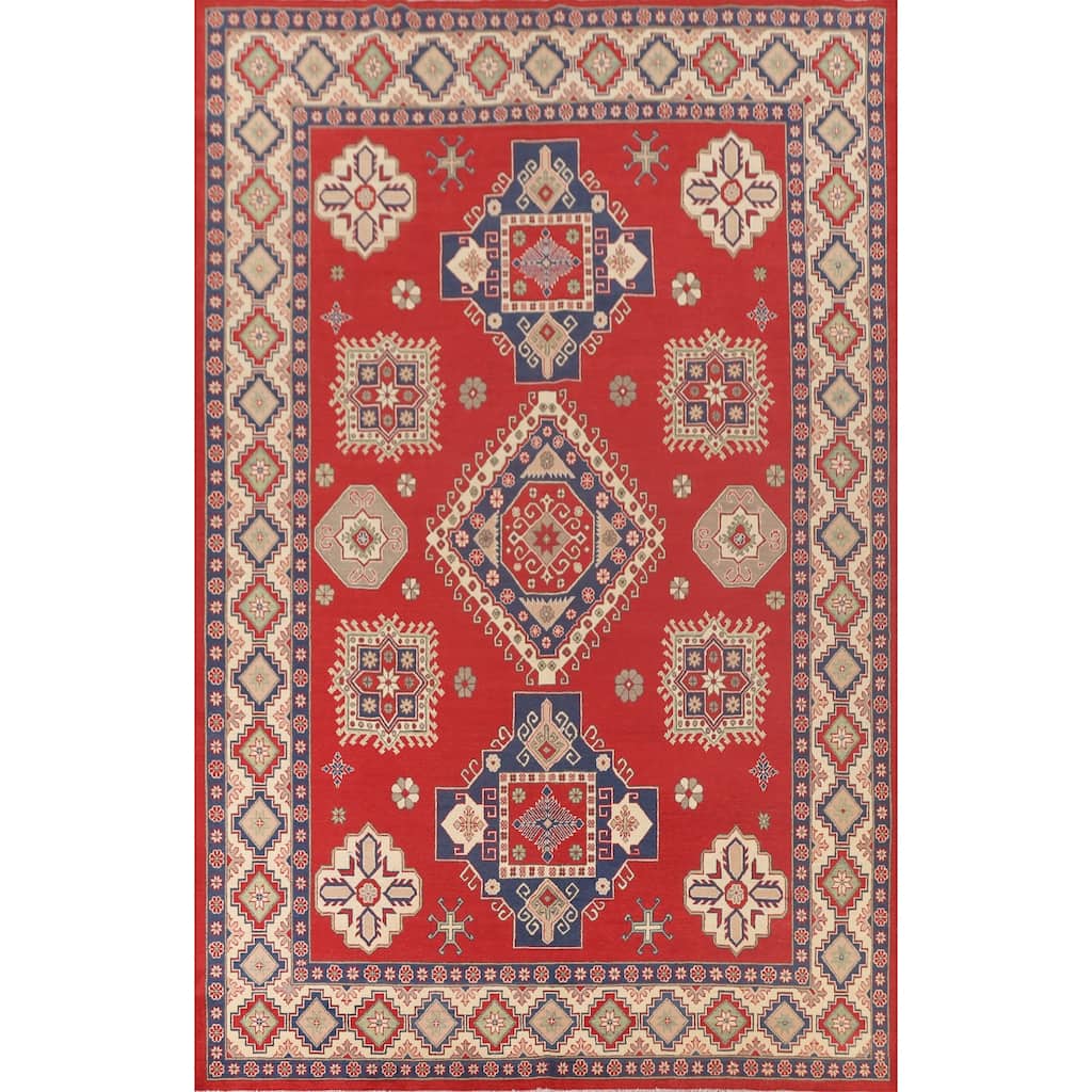 Geometric Kazak Oriental Area Rug Hand-Knotted Red Wool Carpet - 8'2"x 12'2"