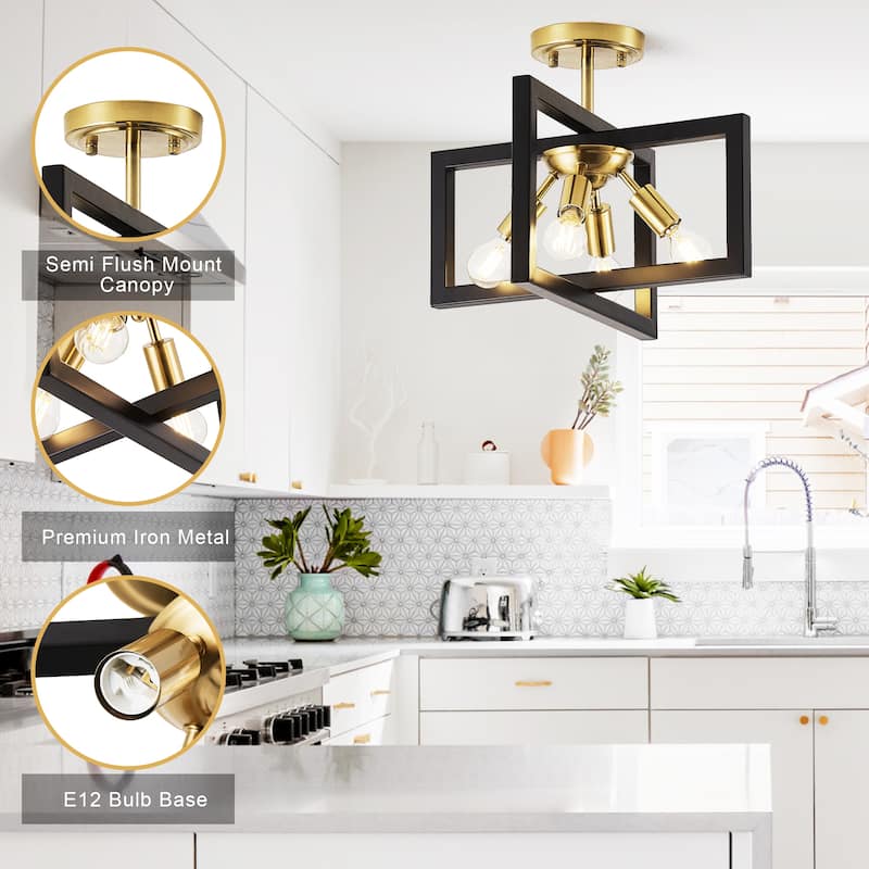 14.5-inch stylish metal semi-recessed 4-light ceiling lamp with horizontally rotating frame