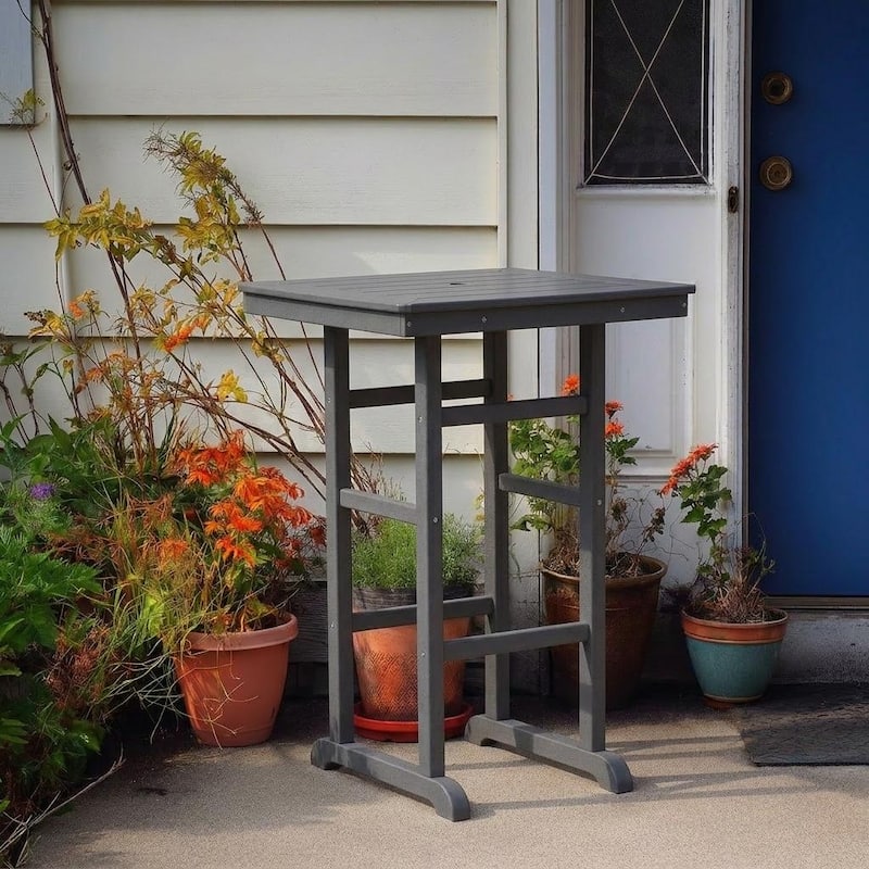 HDPE Bar-Height Outdoor Patio Pub Table, 42.1" Square High Top Bistro Table with Umbrella Hole, Weather-Resistant Slatted Top